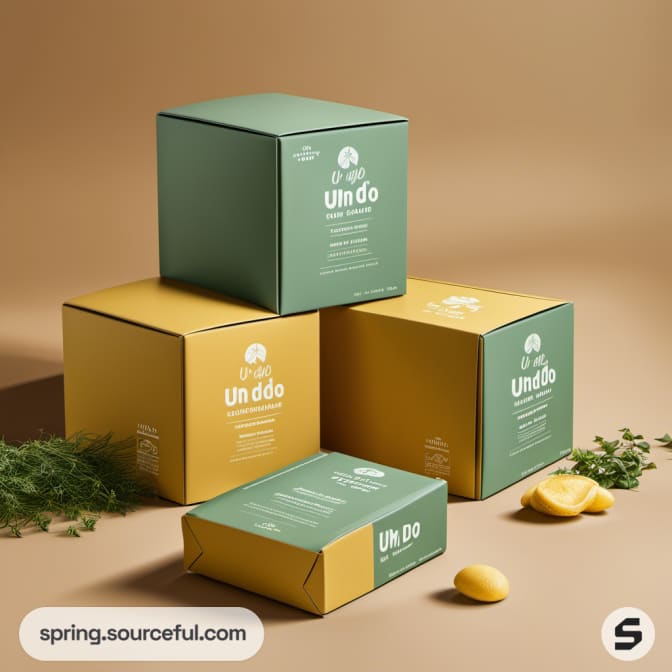 Green and yellow boxes with nature icons on beige background.