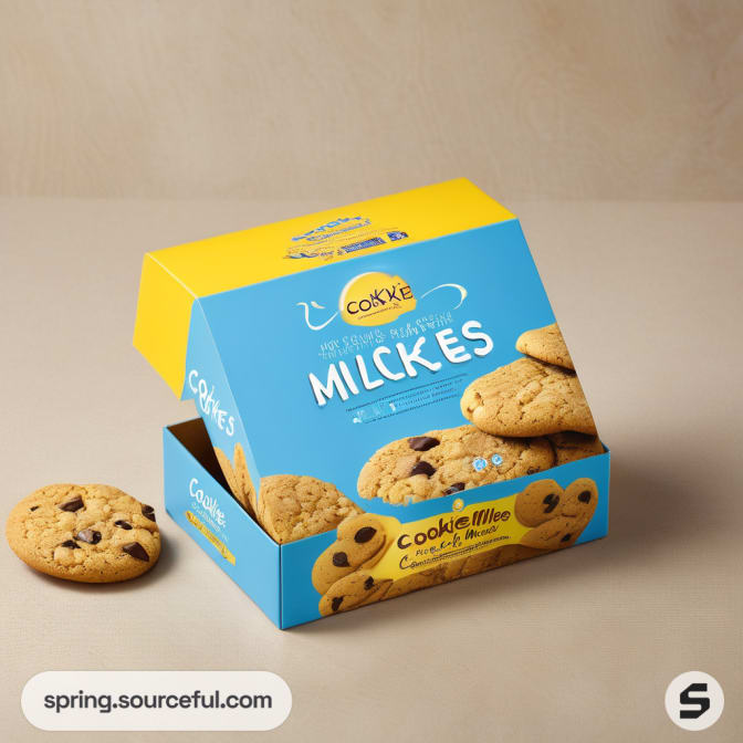 Blue and yellow cookie box with cookies displayed outside.