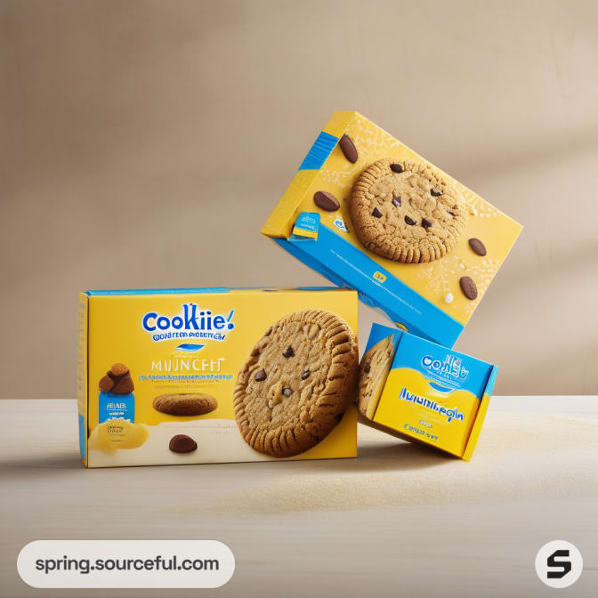 Assorted cookie packaging in blue and yellow tones with cookies.