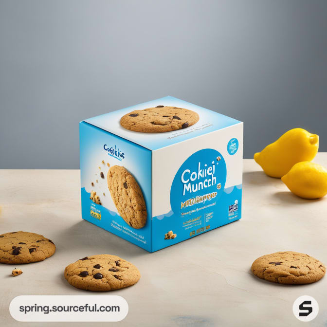 Square box with cookies and lemons on gray background.