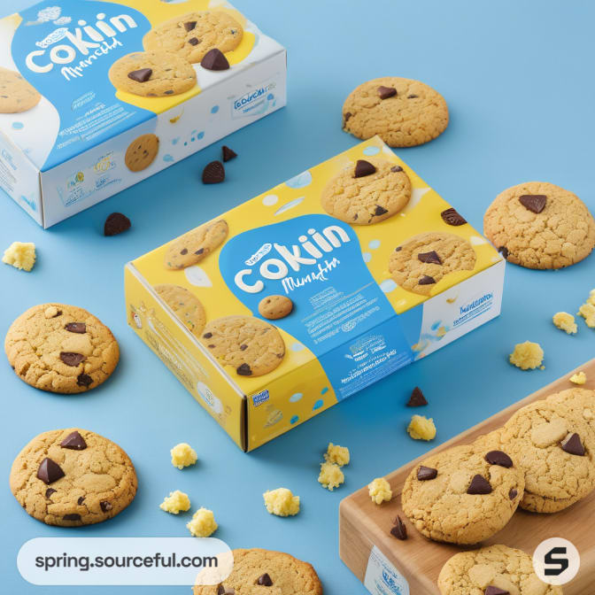 Yellow and blue cookie boxes with chocolate chip cookies.