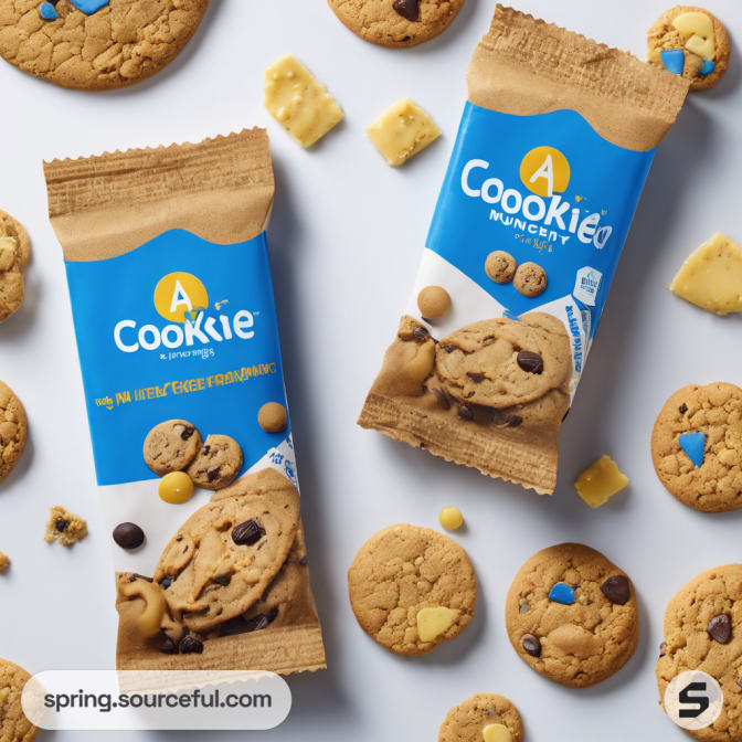 Blue and brown cookie packets with cookies around.