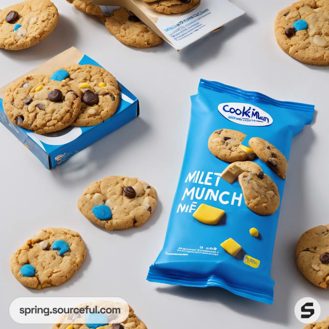 Blue cookie packet with cookies featuring colorful bits.