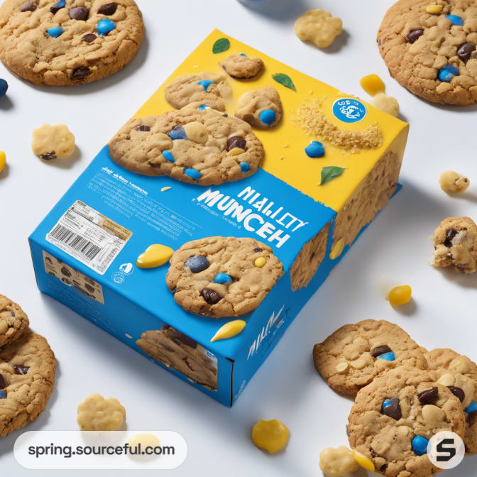 Cookie box with cookies and small floral decorations.