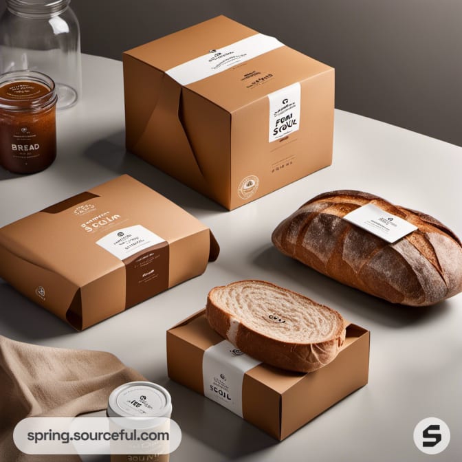 Brown and white bread packaging boxes and a loaf on a table.