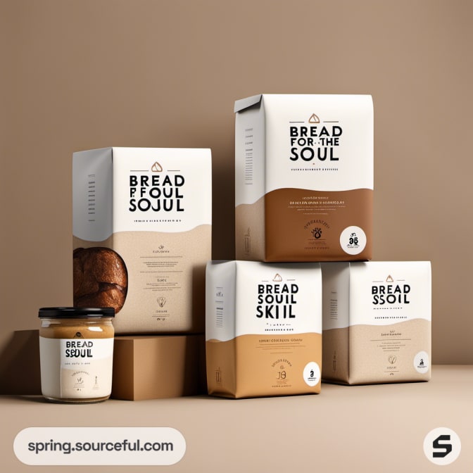 Assorted brown and white bread packaging boxes on a beige background.