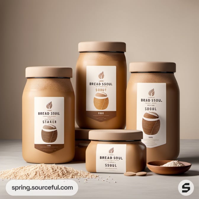 Brown glass jars labeled "Bread Soul" with ingredients around.