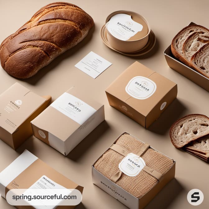 Bread loaf with assorted brown and white packaging on a table.