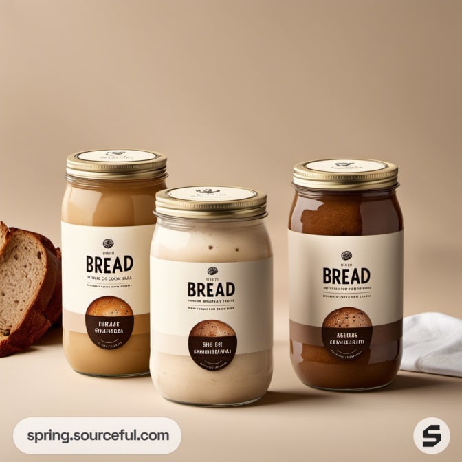 Three jars labeled "Bread" with spreads, loaf nearby.