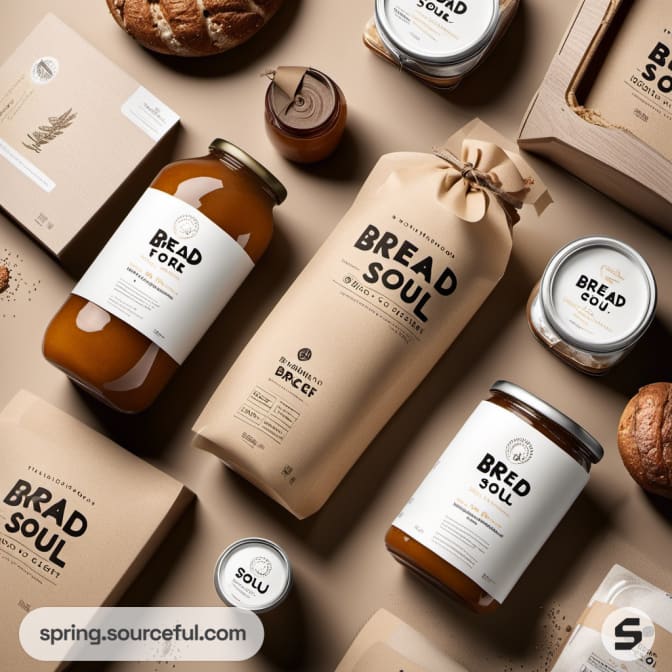 Bread and spread jars with various packaging, loafs, and breads.