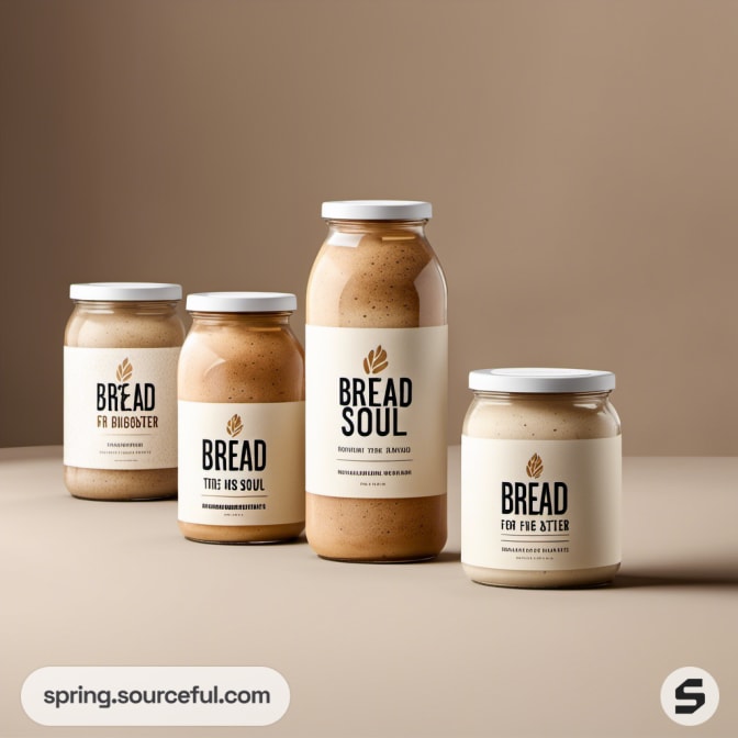 Four jars with "Bread Soul" labels in different sizes on a brown backdrop.