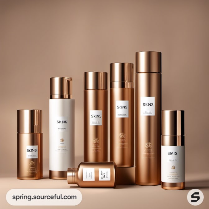 Collection of bronze and white skincare bottles on a beige background.