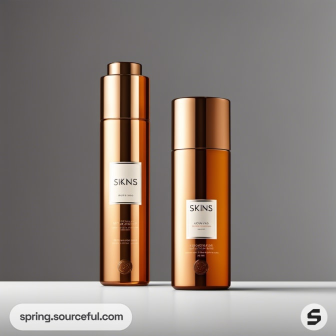 Two sleek bronze skincare bottles on a gray background.