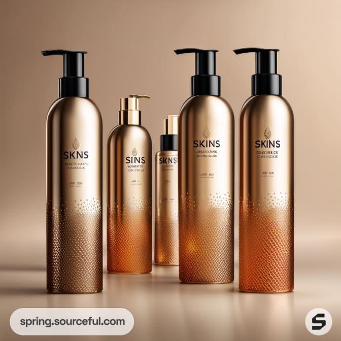 Tall bronze pump bottles with gradient design on light background.