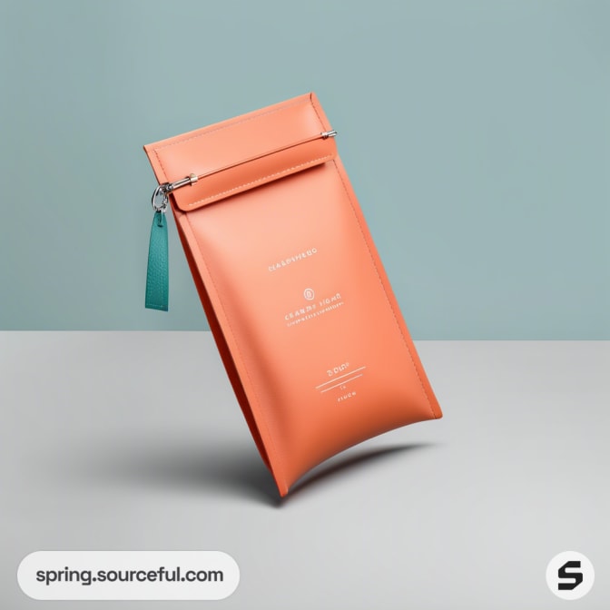 Orange pouch with teal zipper tab on a blue background.