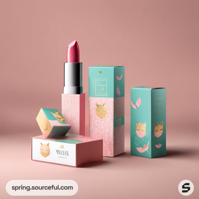 Pink lipstick with teal cat-themed box on pink background.