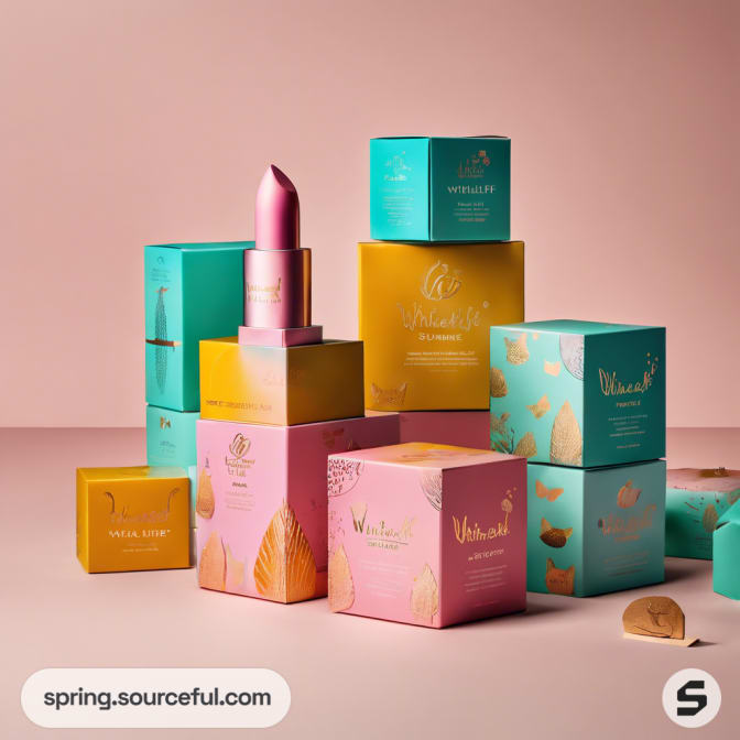 Assorted pastel cosmetic boxes stacked with pink lipstick.