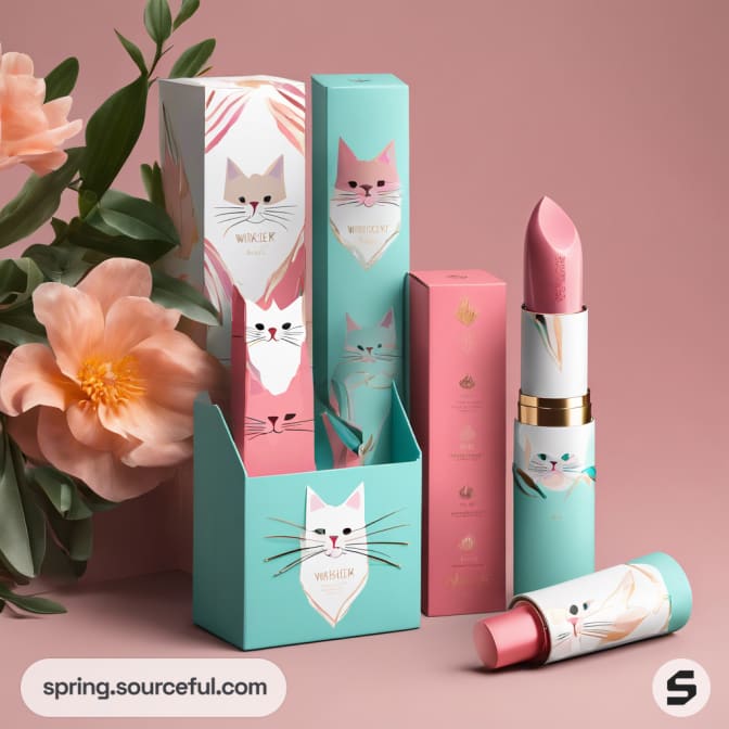 Pink lipstick with floral design and cat-themed packaging.