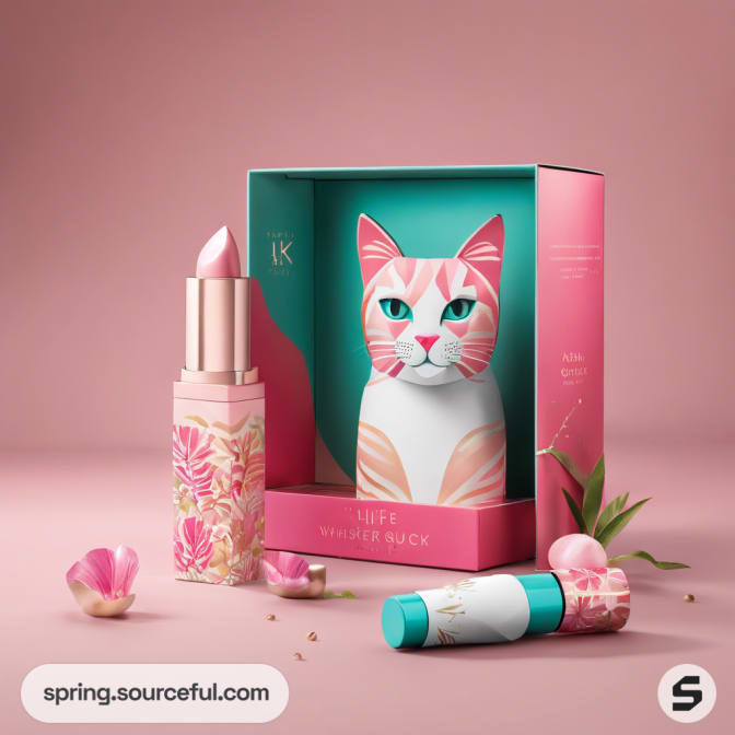 Pink lipstick with floral cat packaging in a display box.