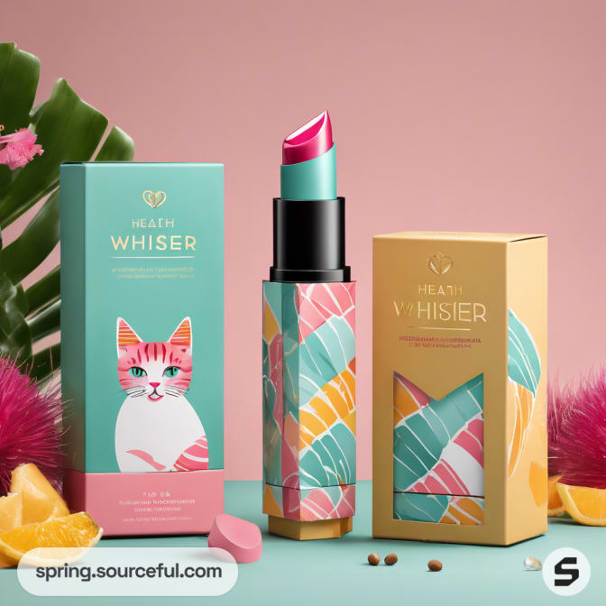 Colorful lipstick with playful cat-themed packaging.