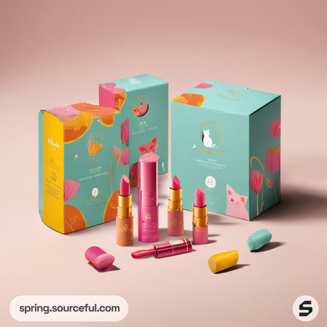 Assorted lipsticks with vibrant cat design packaging.