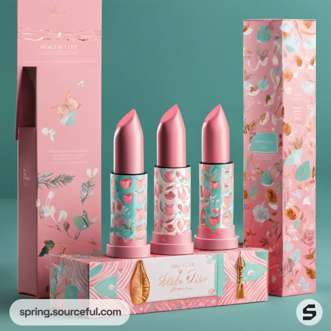 Trio of pink lipsticks with floral boxes on teal background.