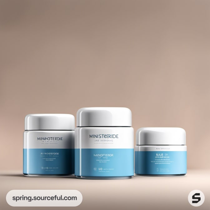 Three blue and white cosmetic containers on a beige background.