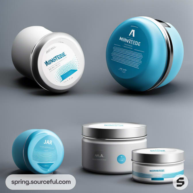 Four cosmetic jars with blue and white designs on grey background.