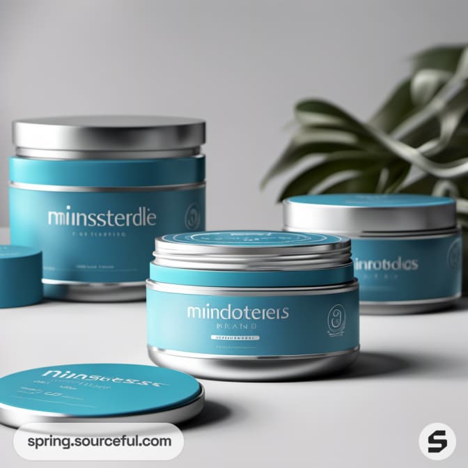 Three blue cosmetic jars beside green leaves on a white surface.