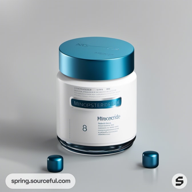 White jar with blue lid and capsules on a grey background.