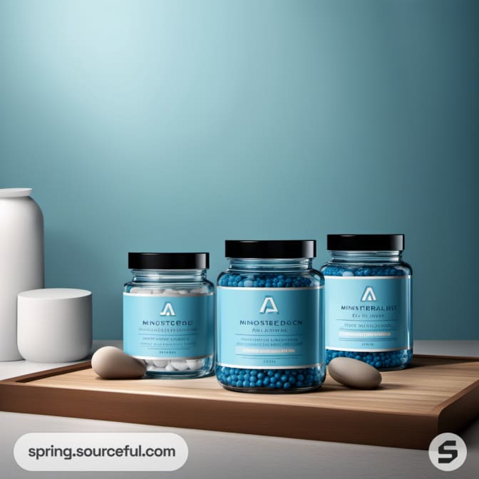 Three jars with blue labels and varying contents on a wooden surface.