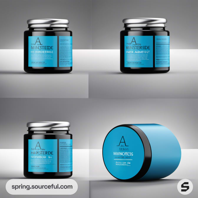 Four black and blue glass jars with different angles on grey background.