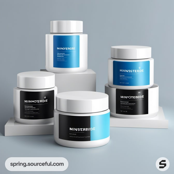 Five blue and black cosmetic jars stacked on white platforms.