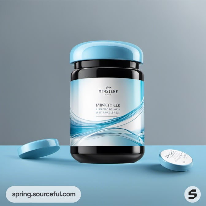 Black jar with blue cap and wave design on grey background.