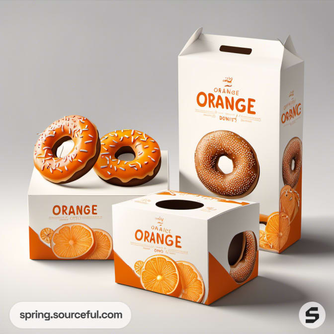 Orange donut boxes with doughnuts and orange slice images