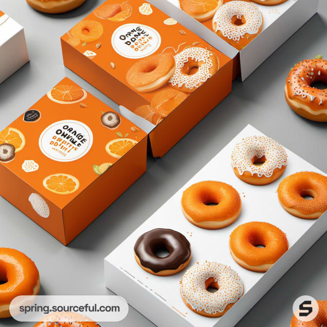 Assorted orange donut packaging with visible donuts