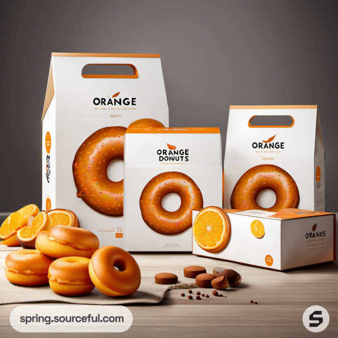 Variety of orange donut boxes on wooden table