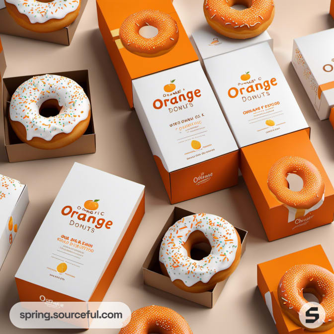 Orange and white donut boxes with visible doughnuts