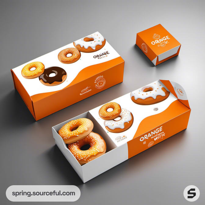 Three donut boxes in orange and white packaging