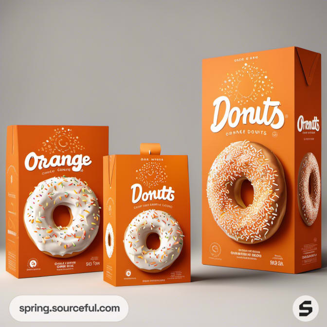 Diverse sizes of orange donut boxes with sprinkles