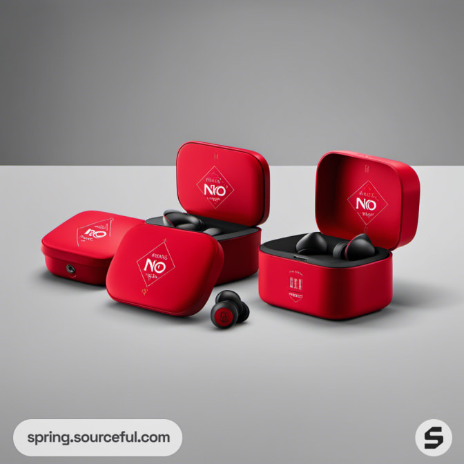 Red earbuds with matching cases on a grey background.