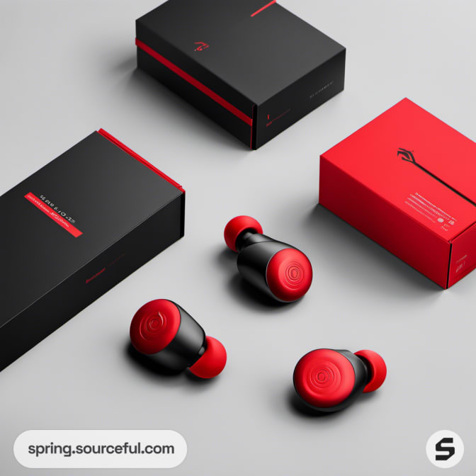 Black and red earbuds with sleek packaging on a white surface.
