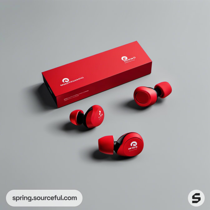 Red earbuds with a matching rectangular box on a grey background.