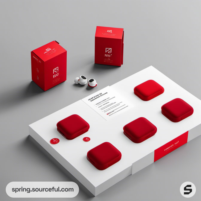 Red earbud cases in an organized display on a white surface.