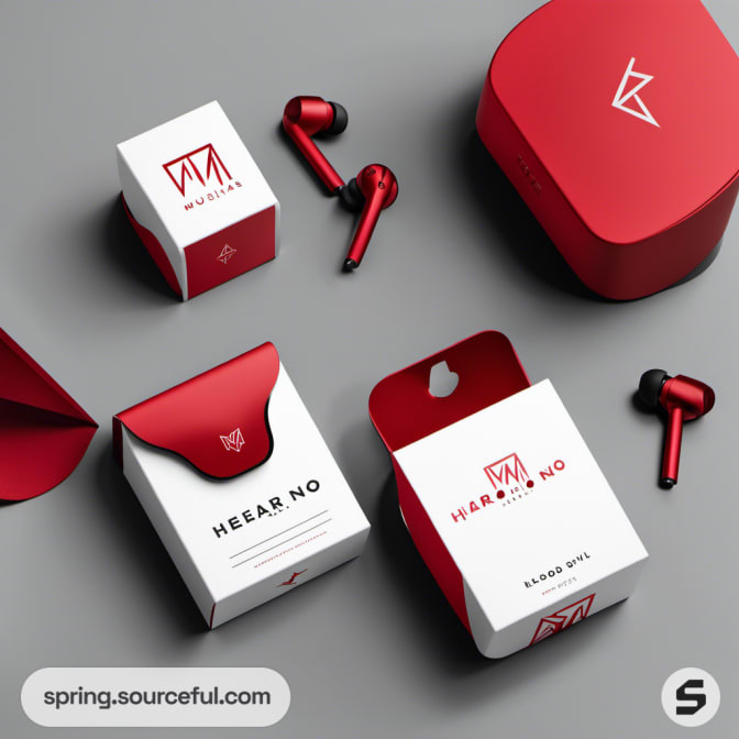 Red earbuds with stylish white and red packaging on grey background.