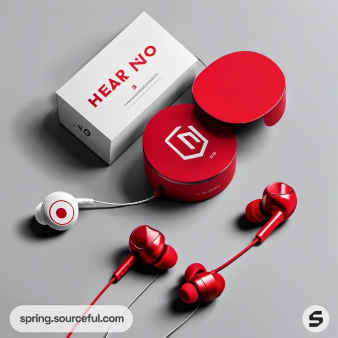 Red wired earbuds with round red packaging on a grey surface.