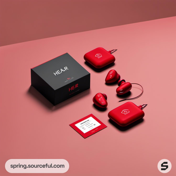 Red earbuds in square cases with dark packaging on a pink surface.