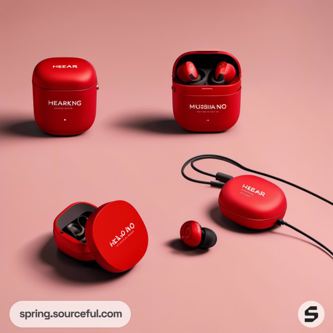 Red wireless earbuds with compact cases on a light pink background.