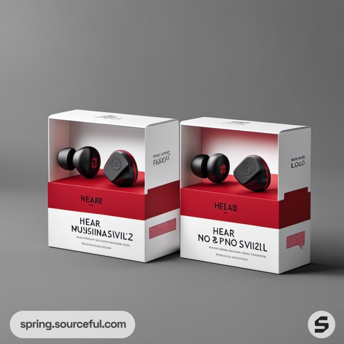 Red and black earbuds in white packaging boxes on a grey background.