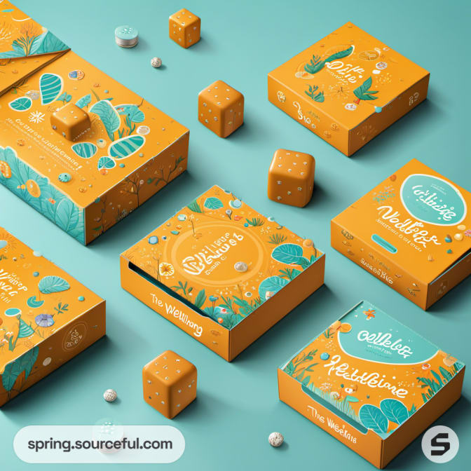 Orange and teal boxes with playful nature designs and dice.